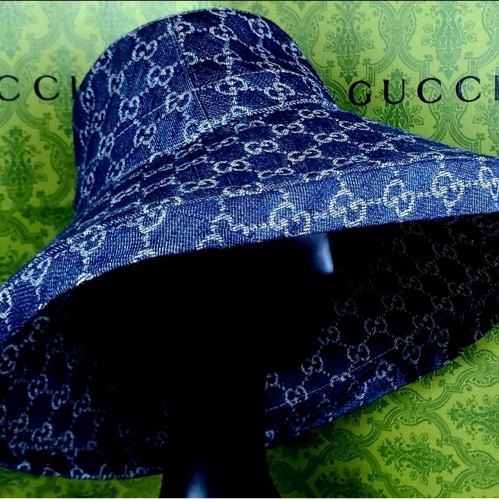 Denim Monogram Wide Large Brim Jacquard Bucket Hat Navy Blue Beach Sun Coverage - Picture 4 of 16